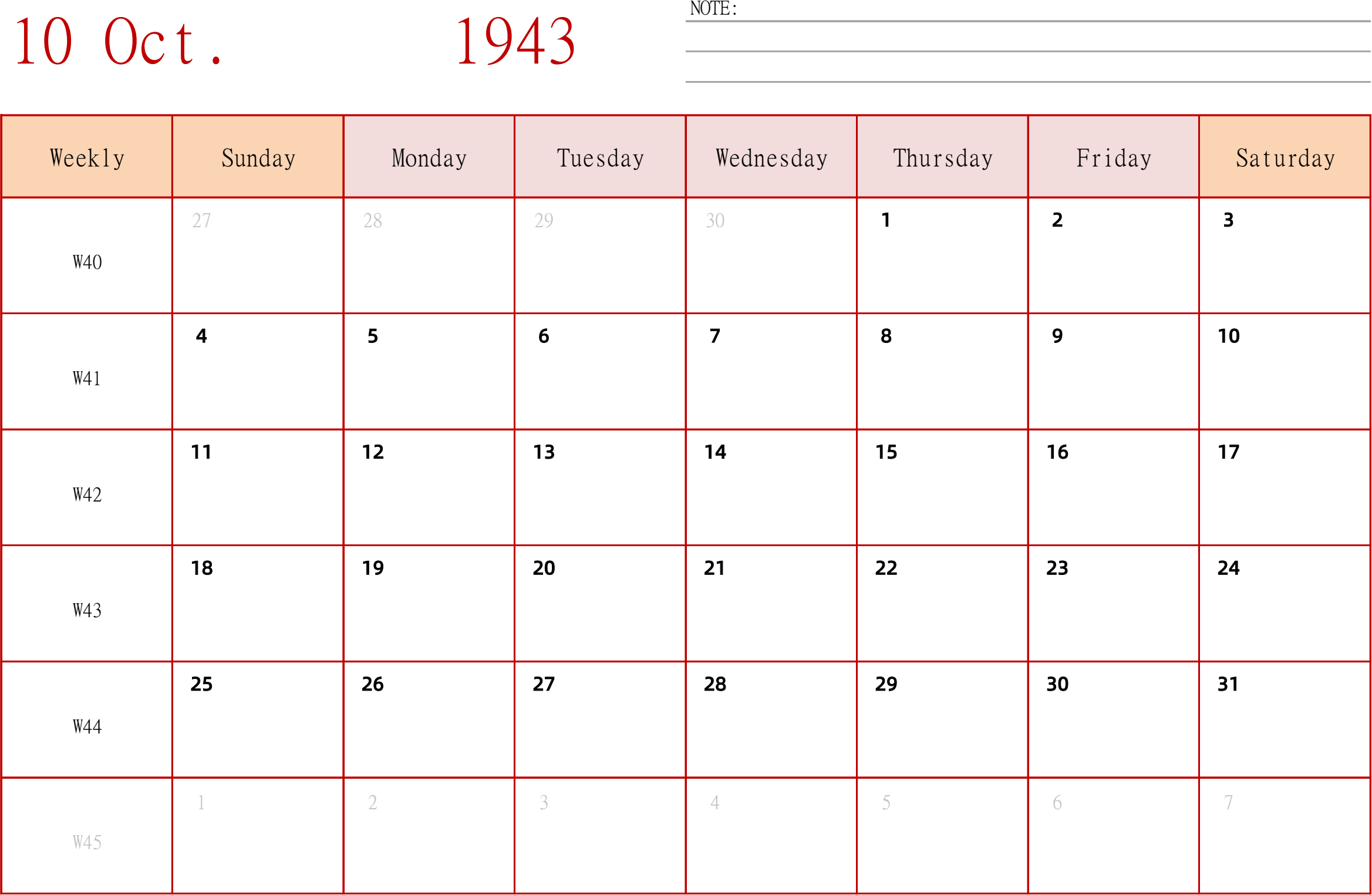 日历表1943年日历 英文版 横向排版 周日开始 带周数